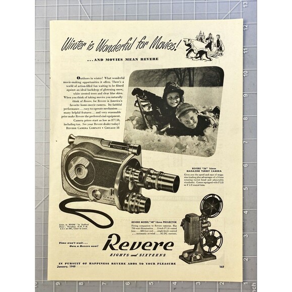Revere Camera and Projector "Winter is Wonderful for Movies!" Vtg Print Ad 1949 - Picture 2 of 3